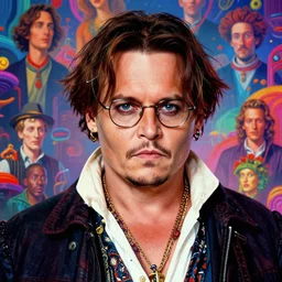A psychedelic portrait of fat johnny depp, vibrant color scheme, highly detailed, in the style of romanticism, cinematic, artstation, Moebius, Greg rutkowski  futurism, no blur, 4k resolution, sharp ages, ultra detailed, style of John Berkey, Norman Rockwell, Hans Thoma, Ivan Shishkin, Tyler Edlin, Thomas Kinkad