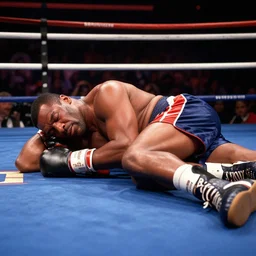 Mike Tyson sleeping in a boxing ring, photograph