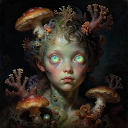 baroque neoclassicist close - up sci - fi portrait of a young alien boy overgrown with coral, mushrooms and big glowing eyes. iridescence. dark black ominous background, glowing atmosphere. highly detailed science fiction painting by norman rockwell, frank frazetta, and syd mead. rich colors, high contrast, gloomy atmosphere. trending on artstation and behance.