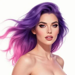 a stunning upper body portrait of a beautiful woman with ombre hairstyle in purple and pink blowing in the wind by marvel comics, digital art, trending on artstation