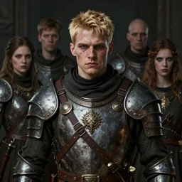 portrait painting of a tough blonde young man with short hair wearing medieval mercenary gear, ultra realistic, concept art, intricate details, eerie, highly detailed, photorealistic, octane render, 8 k, unreal engine. art by artgerm and greg rutkowski and charlie bowater and magali villeneuve and alphonse mucha