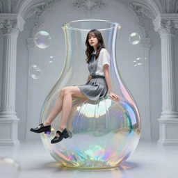 a beautiful japanese girl sitting on an unfinished klein bottle sculpture pleated, chroma iridescence, glassy, reflective and refractive, soap bubbles floating, baroque architecture point clouds background