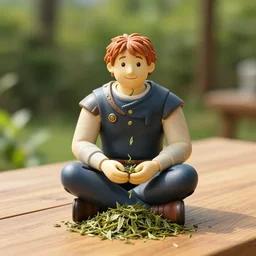 vibrant, beautiful, award - winning, photograph of a gawain sitting on a wooden table, tea leaves falling in. daytime, sun light, natural light,