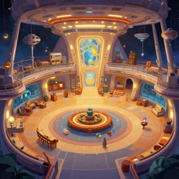 the main lobby on a large cruise spaceship, from a space themed point and click 2 d graphic adventure game, set design by a random, art inspired by thomas kinkade