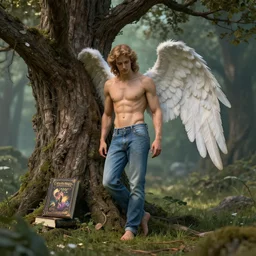 a photograph of a biblically accurate angel wearing jeans leans against a magical tree romance novel fantasy photoshoot epic detailed and itricate digital photo trending on artstation by wlop octane render