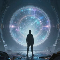 back view of a lone man!!!!!! standing in front of an interdimensional warp gate, a magical round gate, dreamy, ethereal, concept art by greg rutkowski and dan mumford, highly detailed, trending on artstationhq