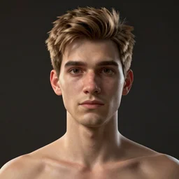tall man in his twenties with brown blond short quiff hair and thin slightly round facial structure with cleft chin, straight eyebrows and prominent nose, good definition of cheekbones, big hazel nut brown eyes, narrow face, slim body, atmospheric lighting, unreal engine 5, minecraft, highly detailed by charlie bowater