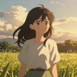 a cute anime girl in grass field, surrounded by clouds and trees, golden hour time, anime style, realistic bg