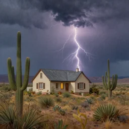 hyper realistic, high detail photo of thomas kinkade style painting, cottage, high desert, cactuses, lightning, monsoon, beautiful, dreary lighting