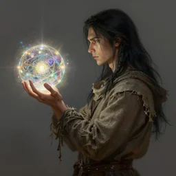 side profile of a man with long black hair in brown rags holding a magical orb, fantasy, digital painting, volumetric light, intricate, sharp, focus, bloom, illustration, highly detailed, concept art, matte, art by anna dittmann and ilya kuvshinov and greg rutkowski, masterpiece