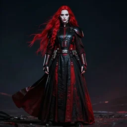 lily - rose depp as sith warrior, determined, powerful, pale makeup, flowing ankle - length bright red hair, wearing black and red imperial sith military robes, full body portrait, centered composition, digital art, 8 k, hypermaximalist, extremely detailed, cinematic, nighttime, dark lighting