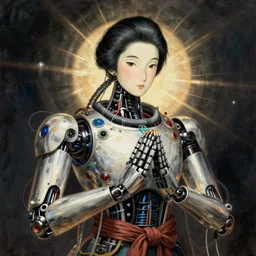 Hiroshige portrait of a robot saint made of cables and robotic pod by Ilya Kuvshinov