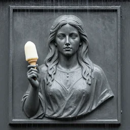 relief of miss of the world in the rain holding an icecream by conrad roset