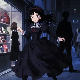 anime frames, anime visual, portrait of a young woman in gothic dress shopping outside in shibuya at night, very low light cute face by ilya kuvshinov and yoh yoshinari, katsura masakazu, mucha, dynamic pose, dynamic perspective, strong silhouette, anime cels, rounded eyes, blue tint, contrasting shadows