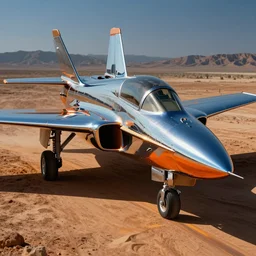 Chrome fighter jet, blue and orange chrome, shiny, desert chrome, 19801980s airbrushed chrome