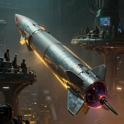 closeup of a highly futuristic missile system with a huge platform engineers watching, cyberpunk, moody, luminescent, rule of thirds, golden ratio, ambient lighting, syd mead, greg rutkowski, wlop, artgerm, artstation, highly detailed masterpiece
