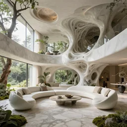 highly detailed villa natural beautiful light interior soft cinematic cellular composition of a smooth ceramic porcelain biomorphic magnolia stone nebula fluid sci - fi surreal architecture landscape, furniture, granite, trees, marble, moss, lichen, fungi, vincent callebaut composition, mamou - mani, archviz, 8 k, unreal engine, hdr