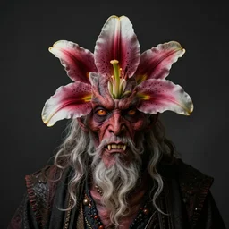 a frontal studio headshot photograph of an elder demon. a large lily asiatic with teeth.