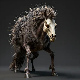 a shapeshifting monster with a face of a skeletal horse, massive porcupine quills, long limbs, stands on two bent legs, photograph award winning, smooth details, sharp details, detailed face, unreal engine, hyper realistic, dark volumetric lighting, 4 k,