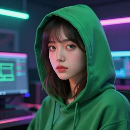 portrait of a programmer with green hood by greg rutkowski, neon light