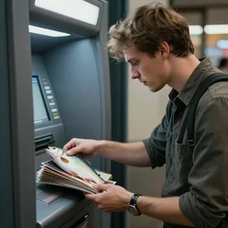 man withdrawing a stack of fish from an atm, realistic