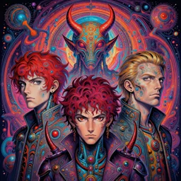 a psychodelic portrait of devil planet naoto hattori, android jones, and chris dyer, deep bold colors, galactic entity, depth of field, intricate beautiful painting, billions of details, octane render, portal, 8 k, detailed vector, trending on artstation, cgisociety, wow!!!!!!