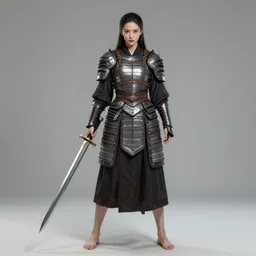 full body portrait of a barefoot female vampire warrior by guweiz, feet, barefoot, heavy plate armor, two - handed sword, lithe, athletic, enchanting face, detailed, realistic, historical asian armor, anatomically accurate, guweiz, z. w. gu on artstation, 4 k.