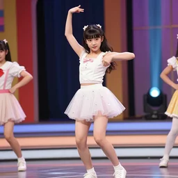 Japanese funny TV show in 90s. Color VHS footage. A cute girl dancing on stage in the TV studio.
