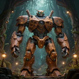 giant wooden mecha inside mech hanger, organic wooded tech, solarpunk, organic bioluminescent street lights, forest canopy understory, cinematic lighting, dark and moody, octane render, 3 d pixar disney digital cgi rtx hdr painting, highly detailed, artstation cgsociety masterpiece, by syd mead, greg rutkowski, wlop, artger