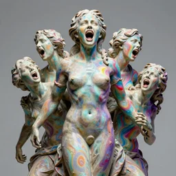 sculpture statue of Emma Watson by Jean-Baptiste Carpeaux and Luo Li Rong and Michael James Talbot, all body, very emotional screaming expressions, perfect symmetrical face, colorful, psychedelic psychedelic psychedelic  psychedelic acid colors, retrowave ((synthwave)), in full growth, elegant, realistic, 8K, female full-skin figure, hyperrealism, subsurface scattering, raytracing, rim light, Octane Render, Redshift, Zbrush