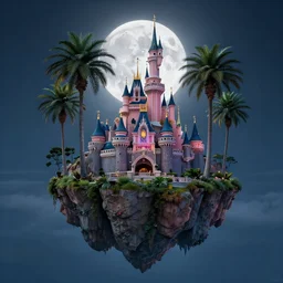 the disney castle surrounded by giant palm trees on a giant floating island in the sky at night, a huge moon above the island illuminates the sky, cinematic, digital art by erik johansson, 8 k resolution, hyper detailed, hyper realistic, sharp focus, unreal engine 5