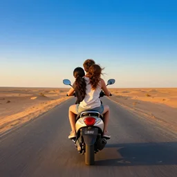 boy and girl riding motorbike in center of frame, drive out, desert, road, blue sky sunset, realistic, inspired by greg rutkowski, android jones, beeple, rhads, shaun tan, frostbite 3 rendered