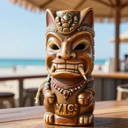 a closeup photorealistic photograph of a cat woman style trader vic's tiki mug with her mask on at the beach bar. bright scene. whip. fine detail. this 4 k hd image is trending on artstation, featured on behance, well - rendered, extra crisp, features intricate detail, epic composition and the style of unreal engine.