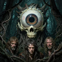hyperdetailed art nouveau portrait of treebeard as a cthulhu eyeball skull dragon, by tim hildebrandt, simon bisley, and bill sienkiewicz, grim yet sparkling atmosphere, photorealism, night in the forest, thorns, vines, terror, wild, crazy, scary, horror, lynn varley, lovern kindzierski, steve oliff