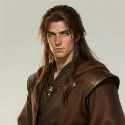 realistic portrait, 25 years old man :: athletic fantasy mage :: green eyes, long brown hair :: wearing a brown robe :: high detail, digital art, RPG, concept art, illustration