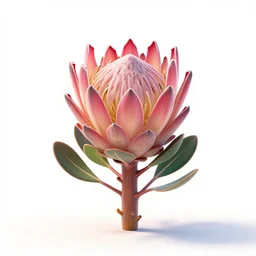 cute protea flower, stylized pixar-style 3d render, full body, isolated on a pure white background, centered, entire subject in frame, sharp focus, soft studio lighting