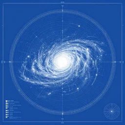 detailed blueprint of the galaxy, blue background, artstation