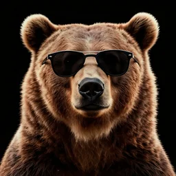 still of a poster with a close up photo of a grizzly bear wearing sunglasses, black background, in the movie Blade Runner 2049, HD, synthwave, highly detailed, no text