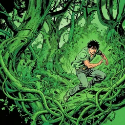 verdant green knotted tangled vines and trees by moebius and James Jean, comic graphic novel style action illustration, trending on artstation