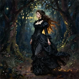 A beautiful victorian woman, night, gothic dress, flowing hair, oil painting, portrait, magical forest, glow, dramatic lighting, dramatic light, masterpiece, high detail, long shadow, amazing composition, detailed, high contrast, painted by Caspar David Friedrich