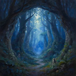 cave in the distance, oil painting of fantasy magic forest, by greg rutkowski, 4 k, high detail, blue