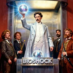 bioshock disco king Nikola Tesla atop the elevator brandishing a radiant discoball pastel bold marker sharpie tombow winslow homer craig j. spearing thomas eakins greg rutkowski alexandre benois giotto maximilian pirner soviet propaganda