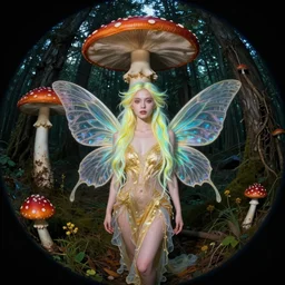a hidden camera photo of a stunningly beautiful female faerie priestess in amanita muscaria forest landscape, symmetrical wings on back, neon hair, fantasy art, wearing a dress of gossamer gold, dark light night, sharp focus, digital painting, fisheye lens, f / 2 0, high detail, 4 k, concept art, art by wlop, greg rutkowski and alphonse mucha, brom, face by otto schmidt