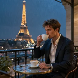 elegant man drinking coffee at balcony in france, city with detailed eiffel tower seen behind, late night raining, highly detailed characters, by greg rutkowski, alphonse mucha, beeple, sharp focus, digital art, smooth, light refraction, pixiv art, volumetric lighting