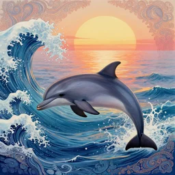 psychedelic ocean waves, paisley patterns, detailed dolphin, sunrise 🌅, photorealistic illustration, refracted lighting, psychedelic ocean art, elegant, 8 k resolution, intricate and fine details, digital painting, artstation, illustration, krenz cushart, alphonse mucha
