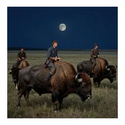 incredible modern fable evocative artwork of buffalo hunters, buffalo midnight in the style of tim walker fashion photography, buffalos hunting hunters, fables of the reconstruction