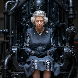 the queen of england with dark invasive biomechanical implants sat within a nightmare of black steel and pipes