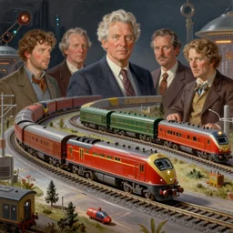 very detailed model train set, syd mead, retro futurism, kelly freas, bruce pennington, david b. mattingly, justin todd, chris moore, josh kirby