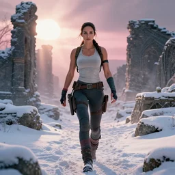 epic portrait of Mila Kunis as muscled Lara Croft walking through deep snowy ruins, sun rays through snow, pink golden hour, cold stormy wind, intricate, highly detailed, shallow depth of field, epic vista, Ralph Horsley, Daniel F. Gerhartz, Artgerm, Boris Villajo, Lilia Alvarado
