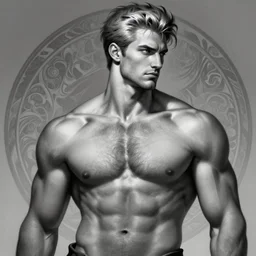 gigachad, masculine, mature, handsome, upper body, grey and silver, muscular, hairy torso, fantasy, intricate, muscular, elegant, highly detailed, digital painting, artstation, concept art, smooth, sharp focus, illustration, art by gaston bussiere and alphonse mucha, black and white